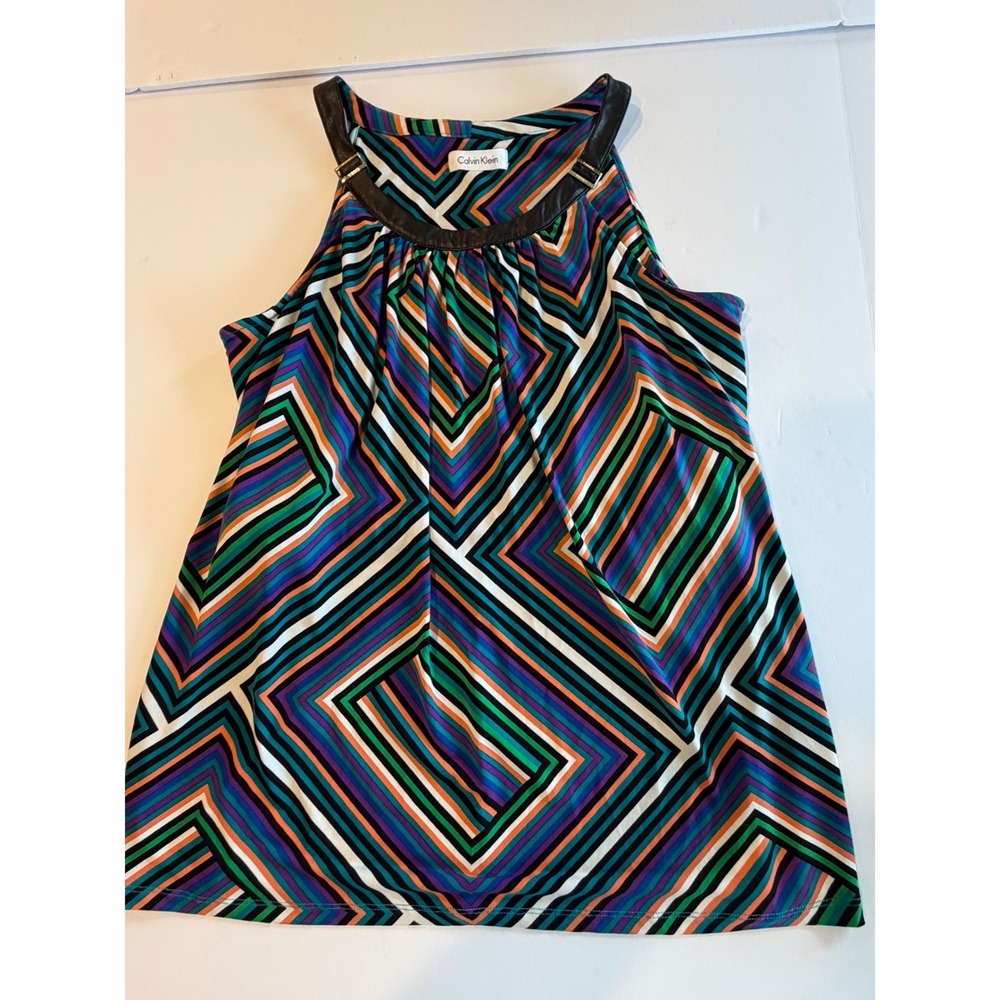 Calvin Klein Geometric Chevron Halter Top Faux Leather Trim Multi Color Blouse M - Picture 3 of 6